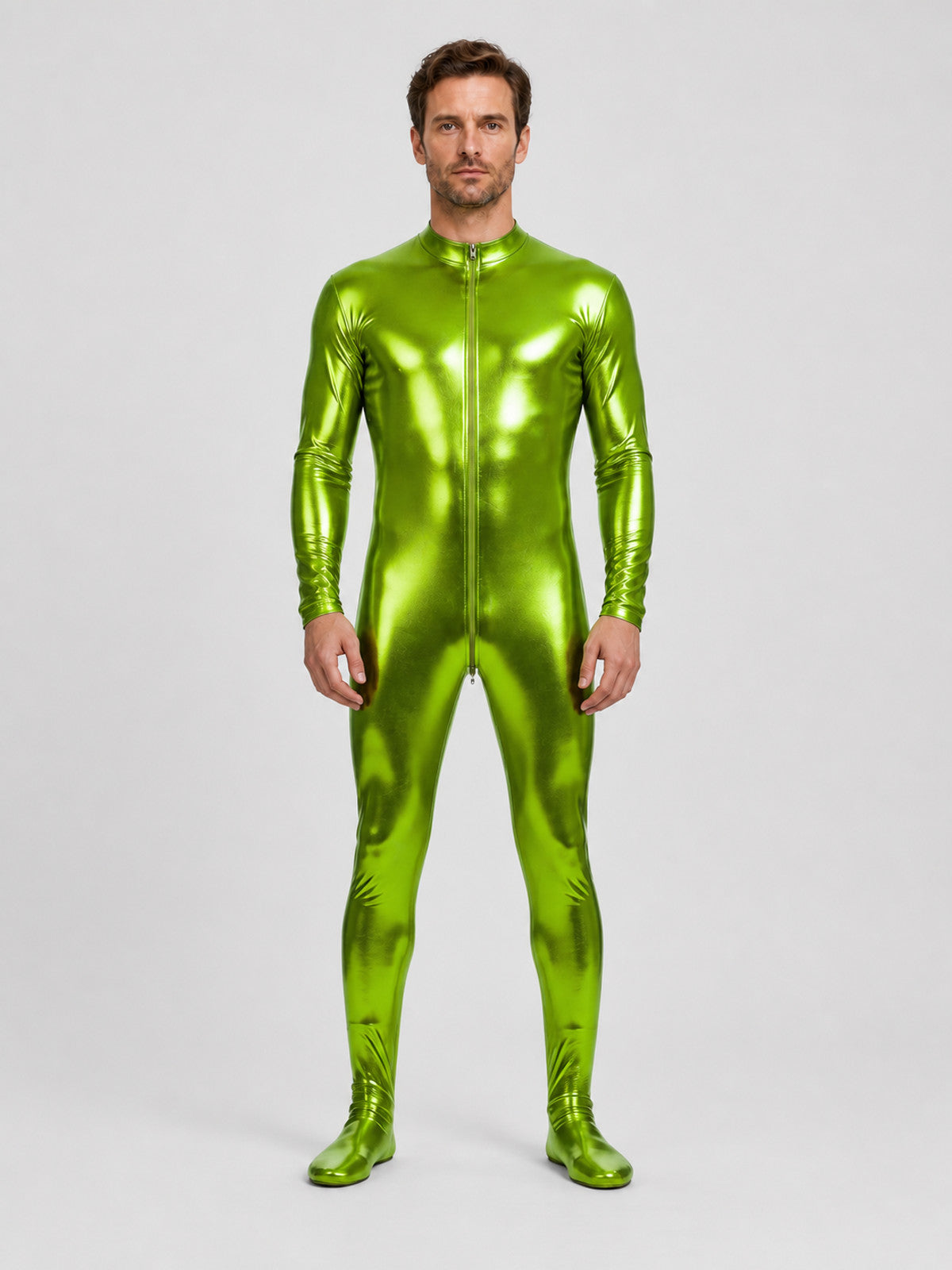 Shiny Green Form-Fitting Jumpsuit with Zipper for the Stage