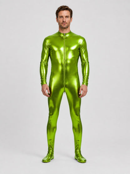 Shiny Green Form-Fitting Jumpsuit with Zipper for the Stage
