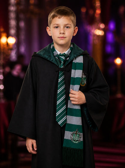 Children's Hooded Wizard Robe Costume Set with Striped Tie and Scarf on-model view