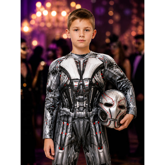 White and Red Robot Armor Jumpsuit Costume Set With Full-Face Mechanical Mask on-model view