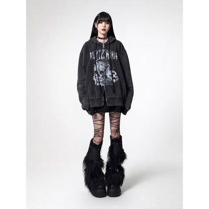 Y2K Skull Print Hoodie, Gothic Oversized on-model view