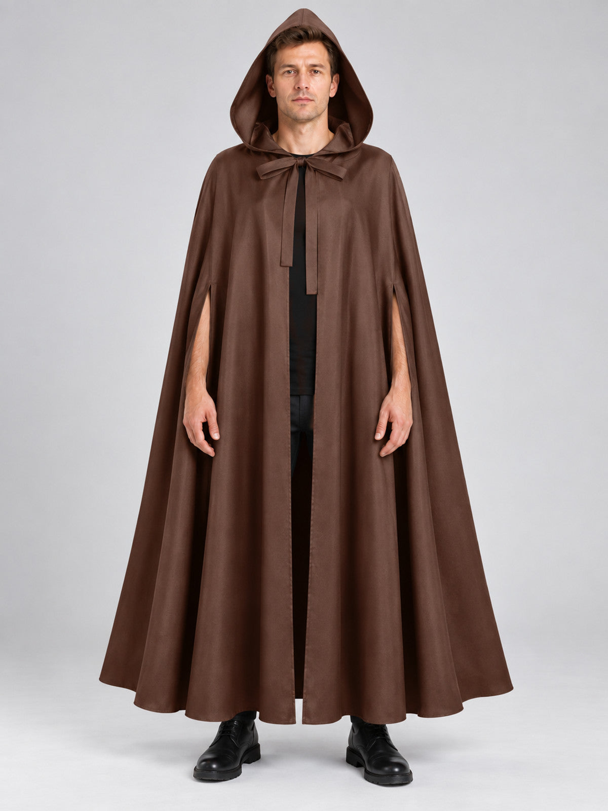 Long Sleeveless Hooded Cloak Cape Brown