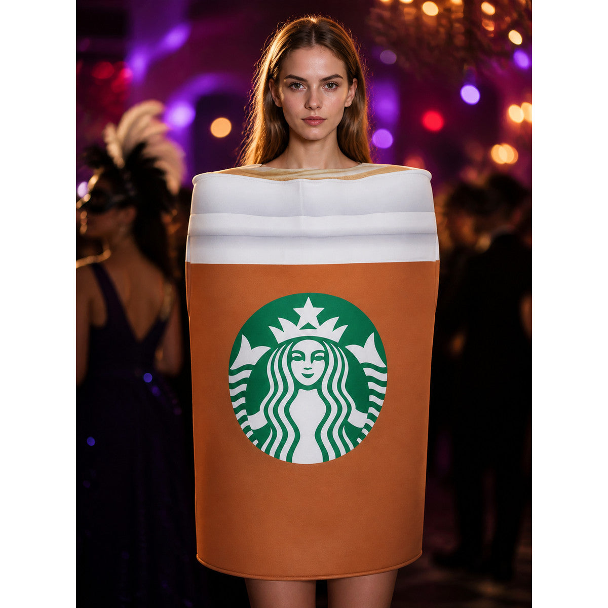 Funny Coffee Cup Drink Costume Jumpsuit, Brown, White & Green Cosplay Outfit on-model view