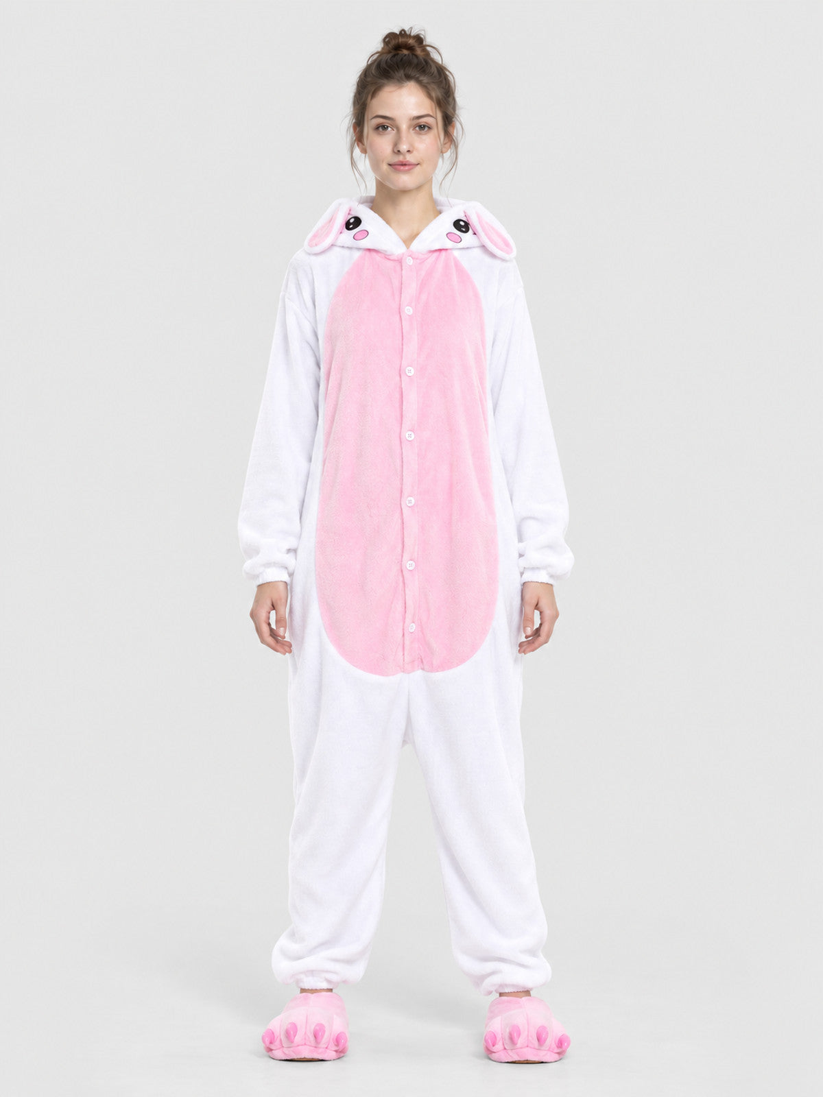 Flannel Pajama Jumpsuit, White with Animal Hood
