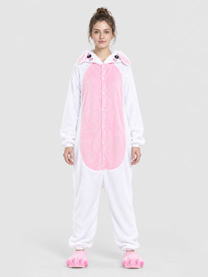 Flannel Pajama Jumpsuit, White with Animal Hood