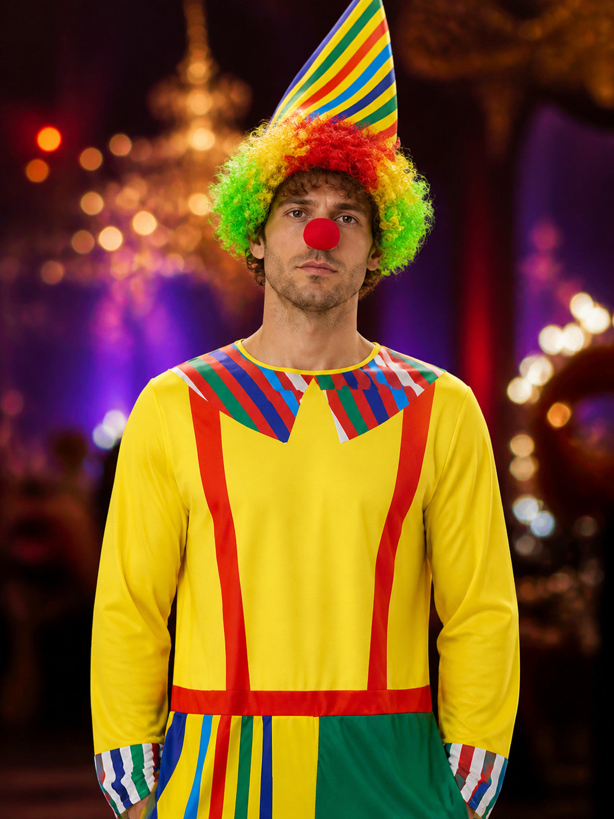Unisex Clown Costume Set - Multi-Color Striped Jumpsuit with Pointy Hat, Circus on-model view