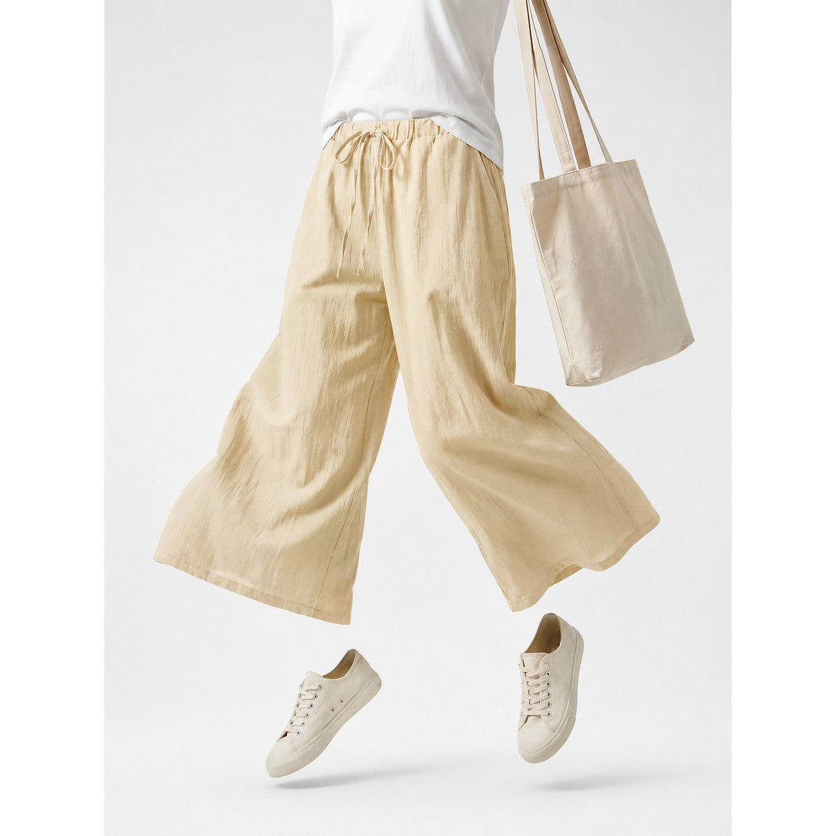 Light Khaki Full-Length Wide-Leg Pants