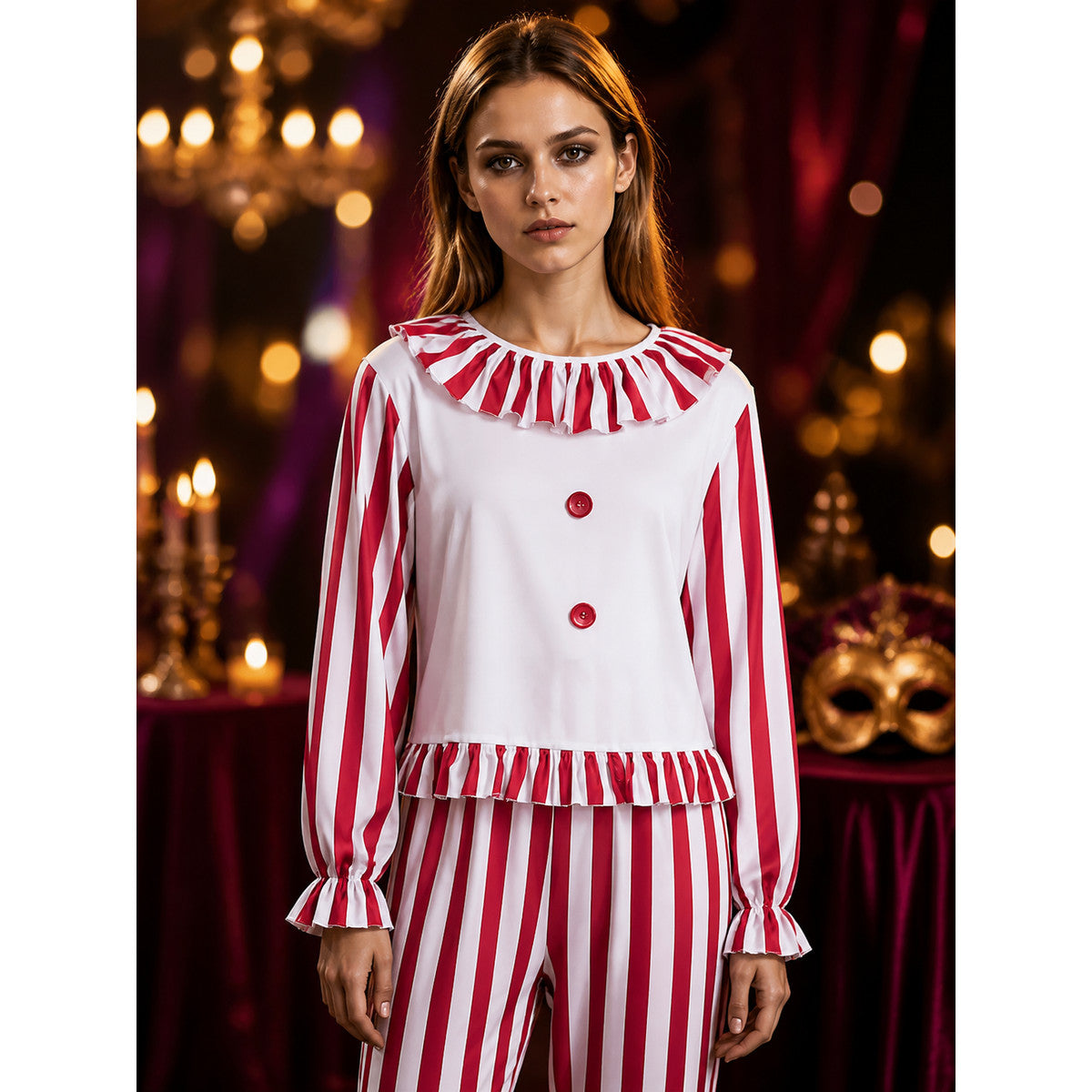 Red Striped Clown Costume Set for Adults, Ruffle Trim 2-Piece Halloween Outfit on-model view