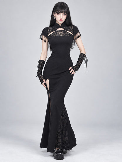Gothic Black Lace Dress with High Collar