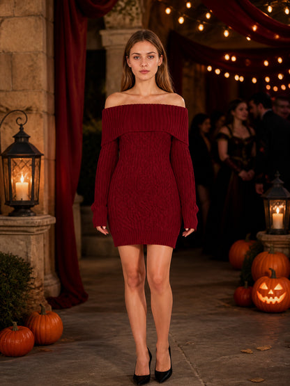 Wine Red Off-Shoulder Knitted Midi Dress with Cable Knit Texture, Long Sleeves