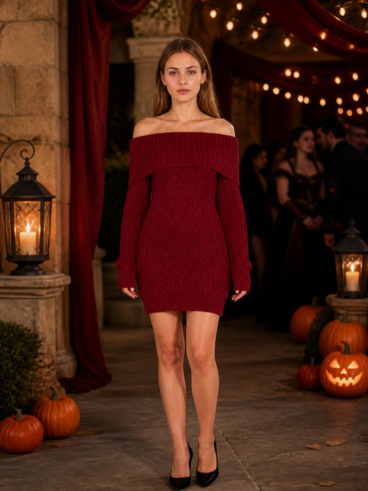Wine Red Off-Shoulder Knitted Midi Dress with Cable Knit Texture, Long Sleeves