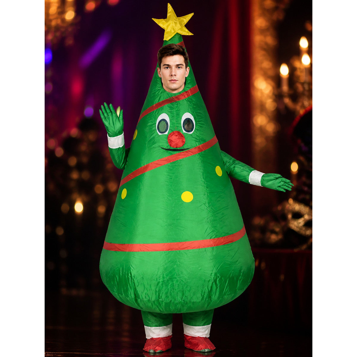 Unisex Christmas Tree Costume, Cartoon Face with Star Topper, Green Party Outfit on-model view