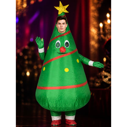 Unisex Christmas Tree Costume, Cartoon Face with Star Topper, Green Party Outfit on-model view