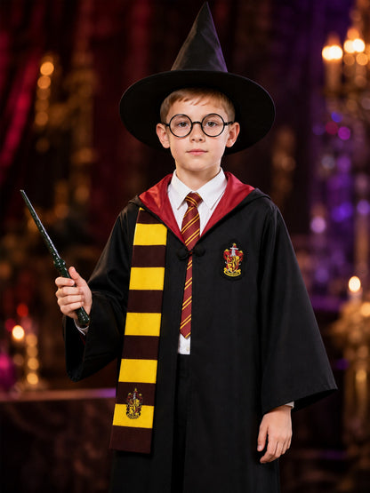 Wizard Costume Set With Hooded Robe, Shirt, Trousers, Tie, Scarf, Hat, Glasses & on-model view