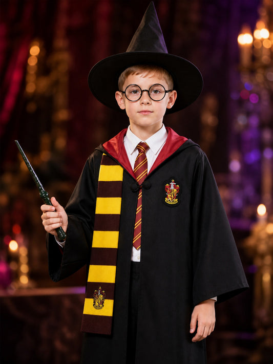 Wizard Costume Set With Hooded Robe, Shirt, Trousers, Tie, Scarf, Hat, Glasses on-model view