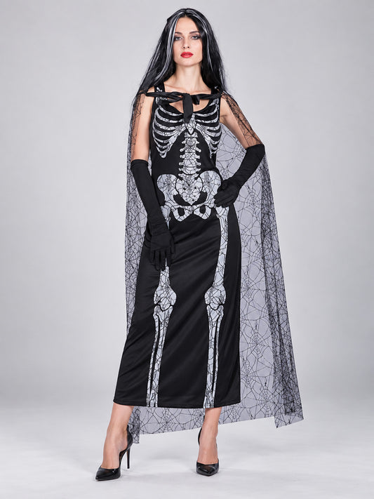 Skeleton Halloween Costume with Cape and Gloves