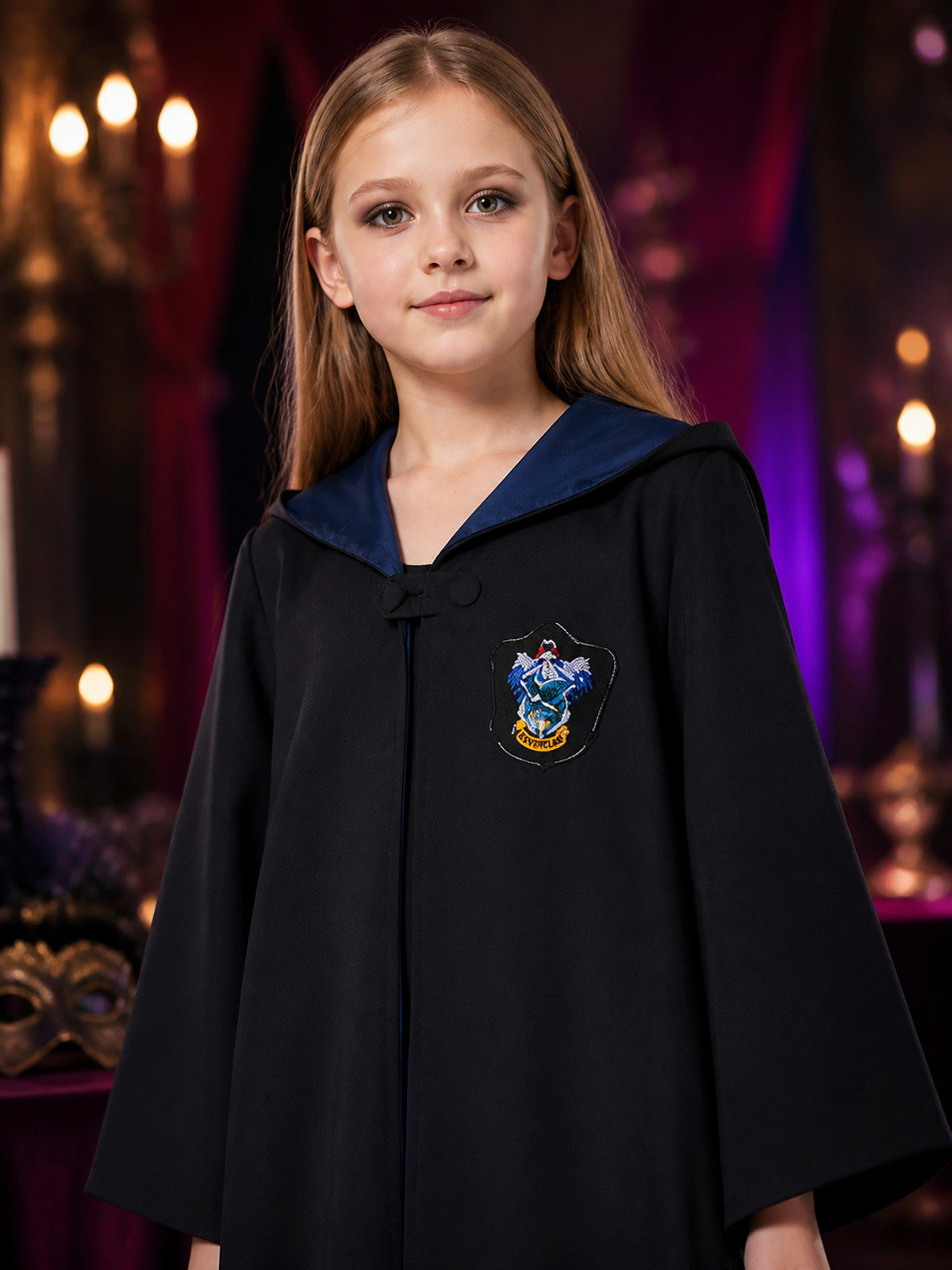 Dark Blue Magical School Robe Cosplay Costume with Shawl Collar and Crest on-model view