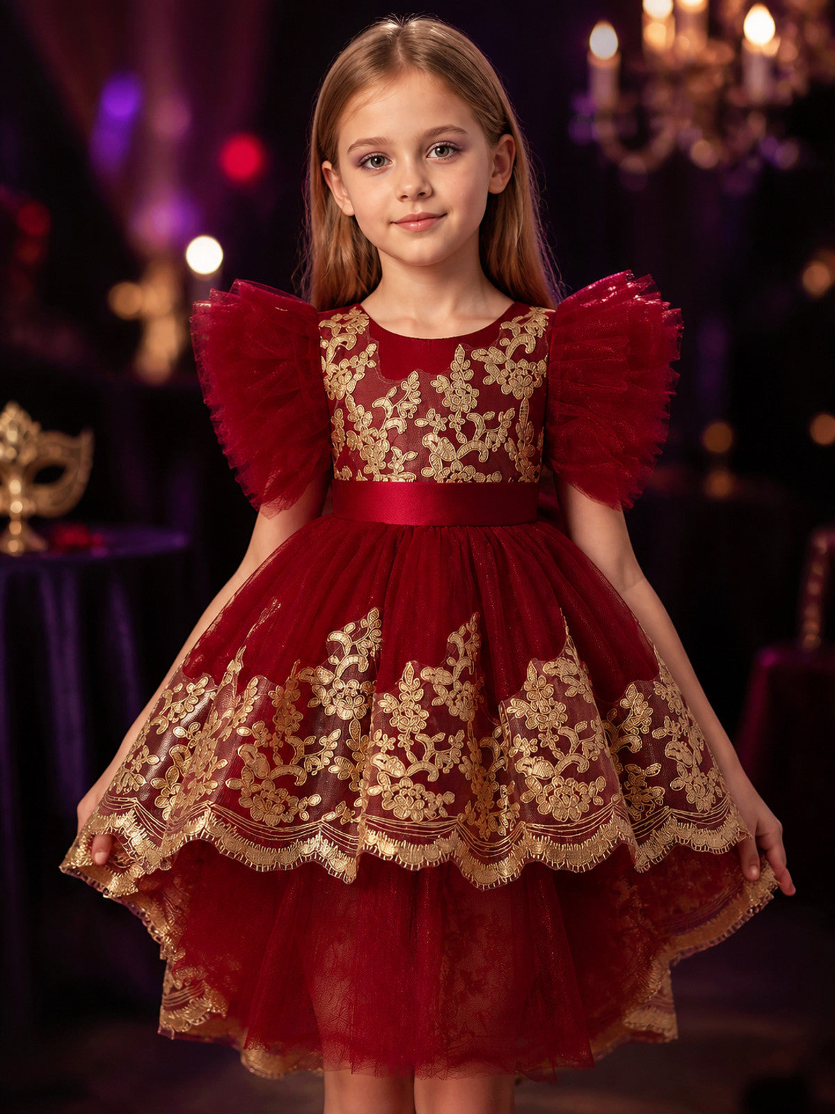 Girls' Toddler Princess Formal Dress with Gold Embroidery, Flutter Sleeves and on-model view