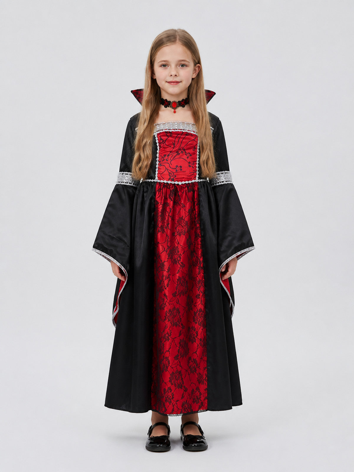 Children's Witch Vampire Costume, Red and Black with Silver on-model view