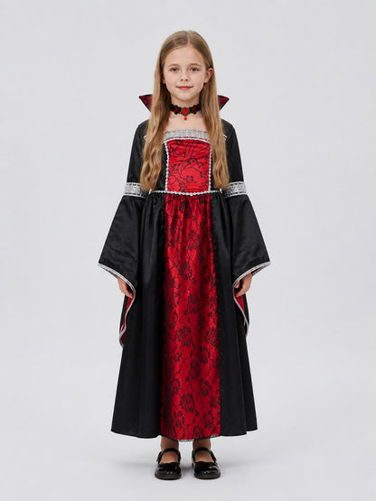 Children's Witch Vampire Costume, Red and Black with Silver on-model view