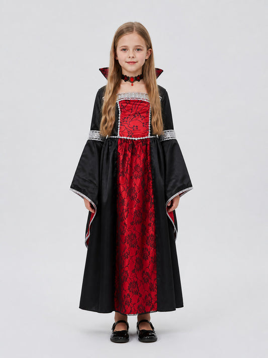 Children's Witch Vampire Costume, Red and Black with Silver on-model view