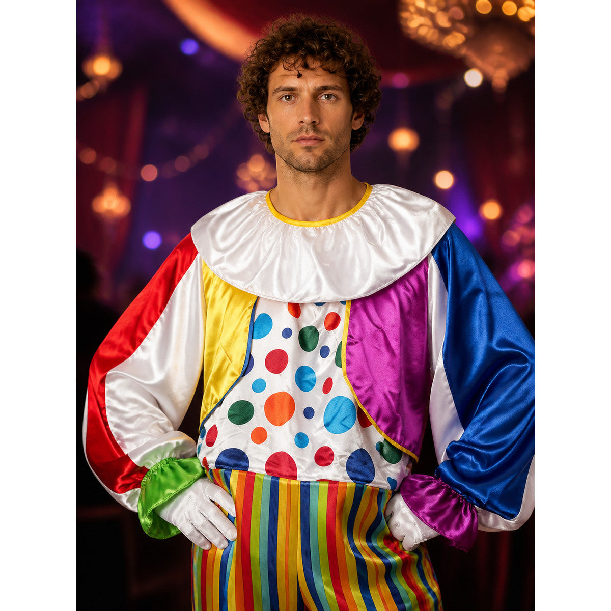 Adult Clown Costume Set - Multicolor Polka Dot Jumpsuit with Striped Pants and on-model view