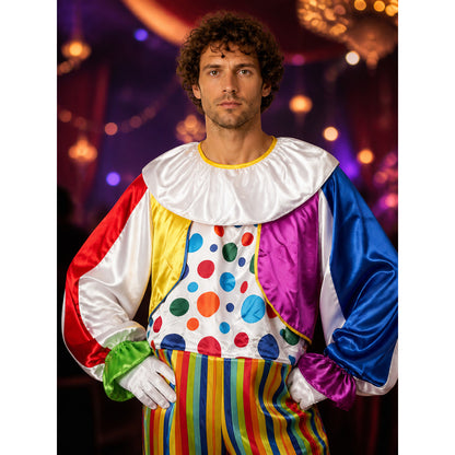 Adult Clown Costume Set - Multicolor Polka Dot Jumpsuit with Striped Pants and on-model view