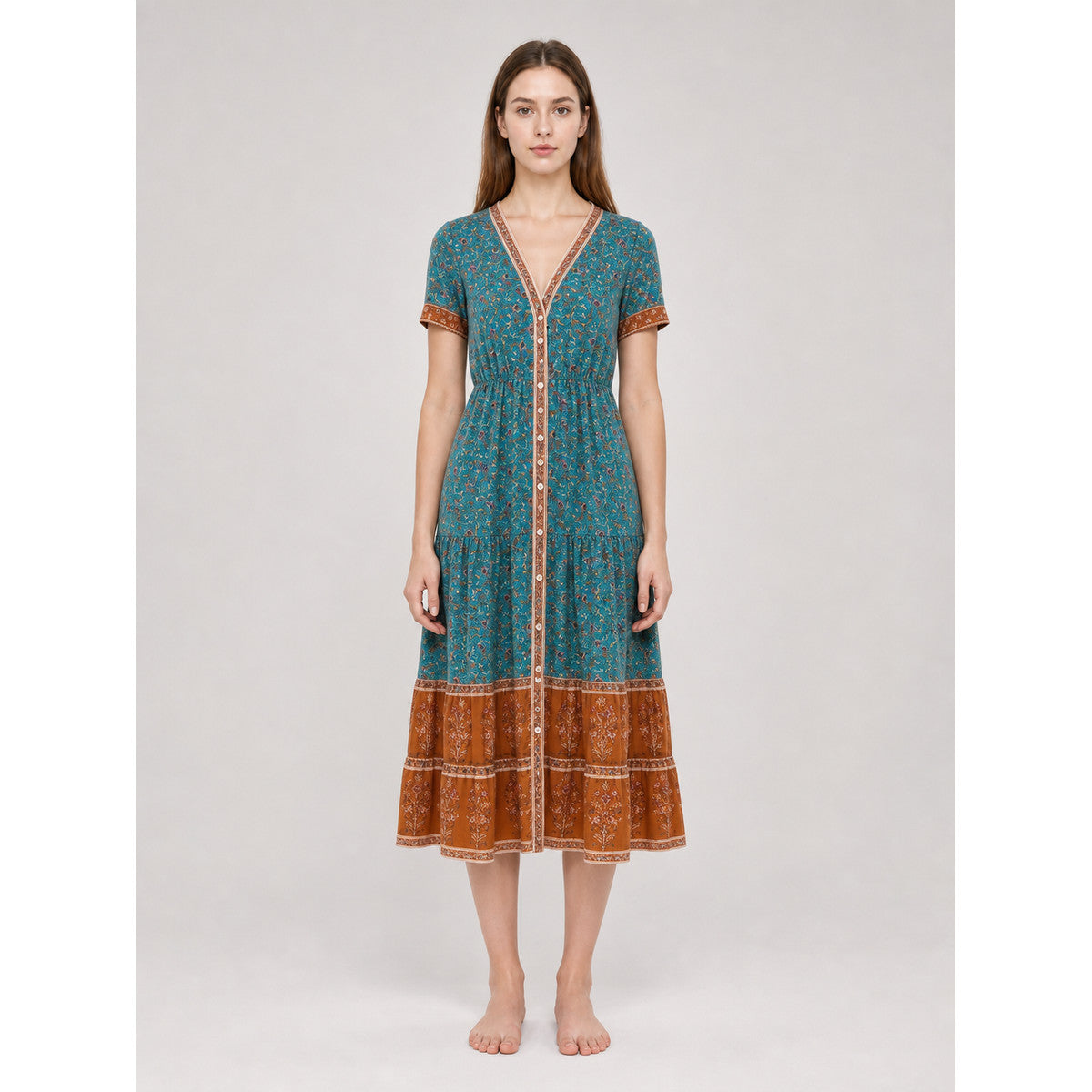 Printed Midi Dress with Short Sleeves on-model view