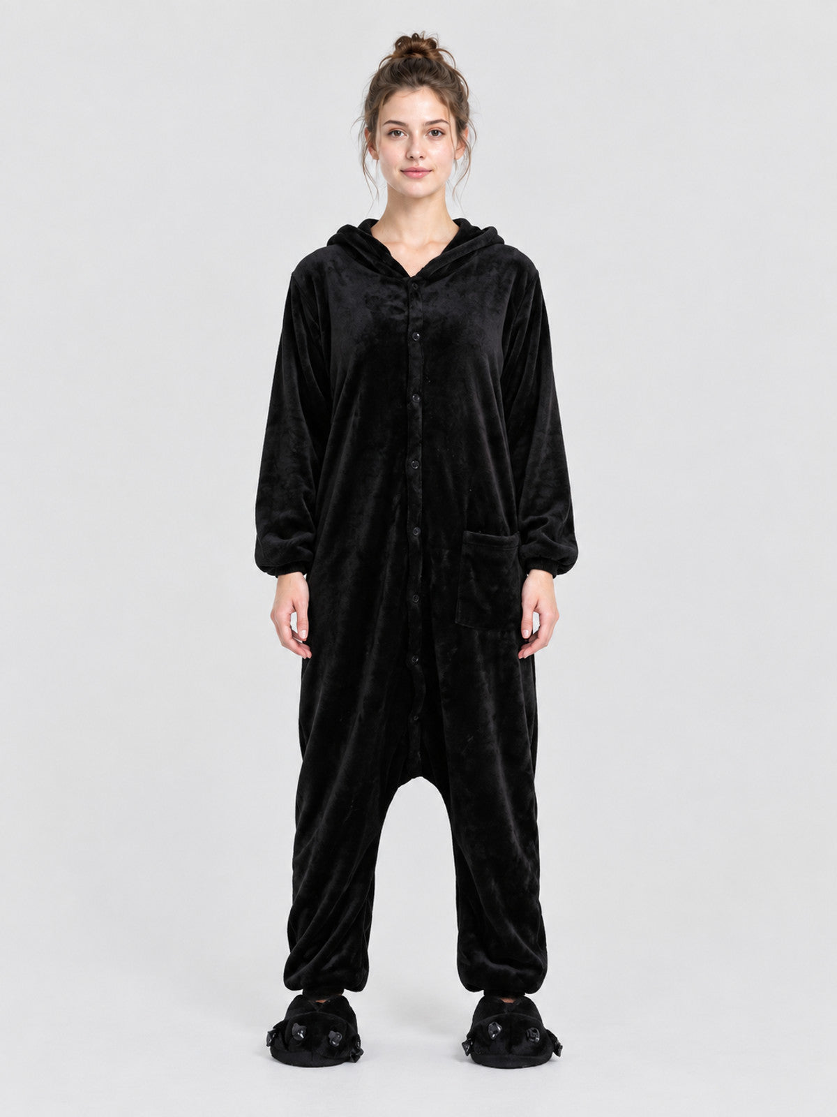 Black Fleece Hooded Pajama Jumpsuit with Pockets