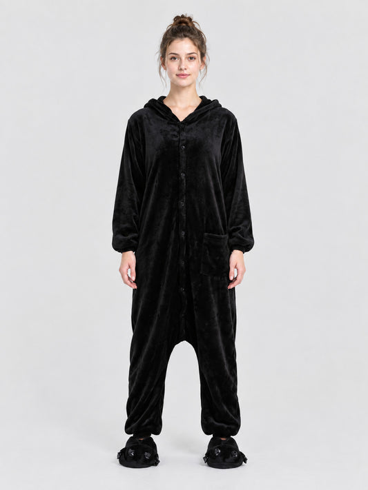 Black Fleece Hooded Pajama Jumpsuit with Pockets