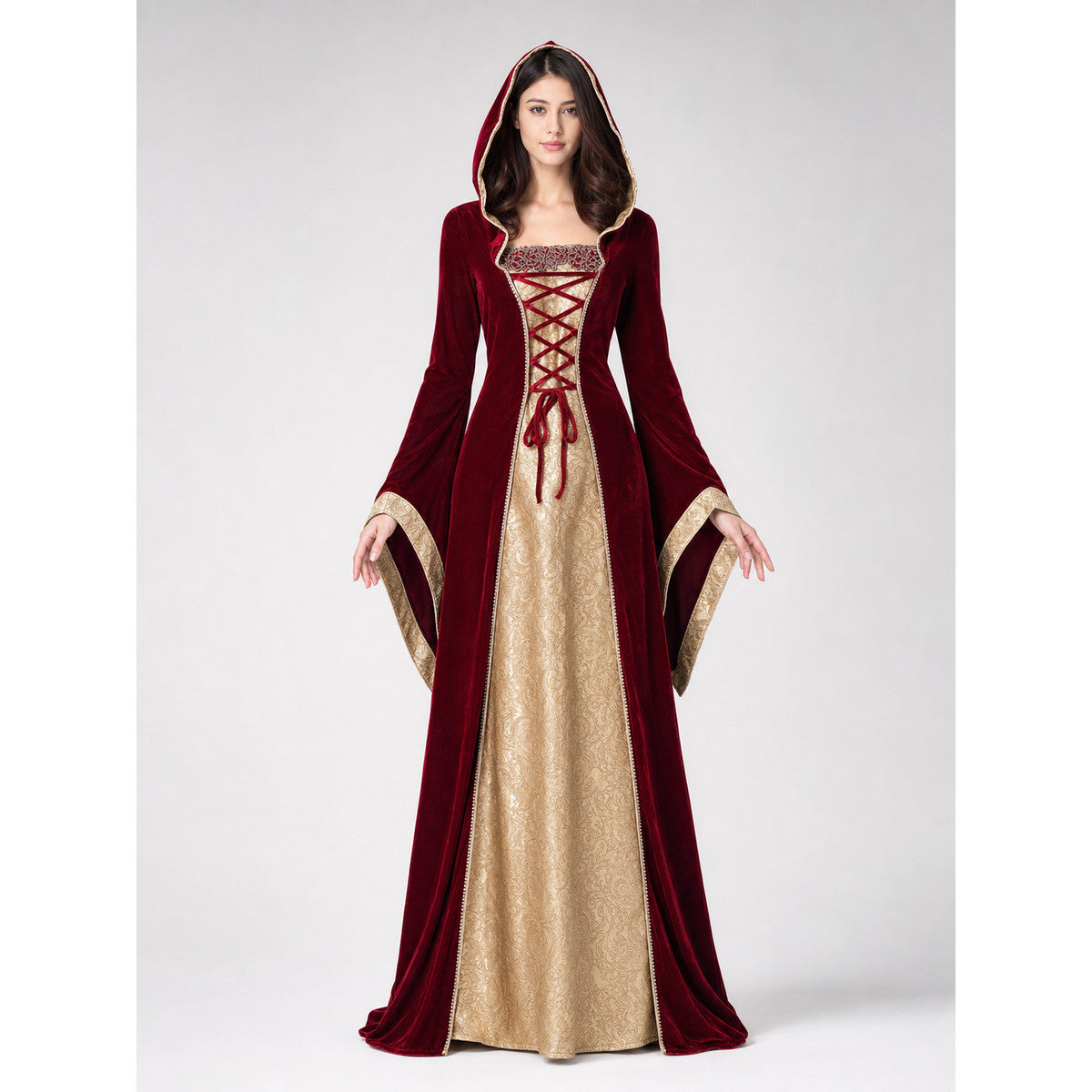 Red Carnival Dress with Hood and Lacing front view