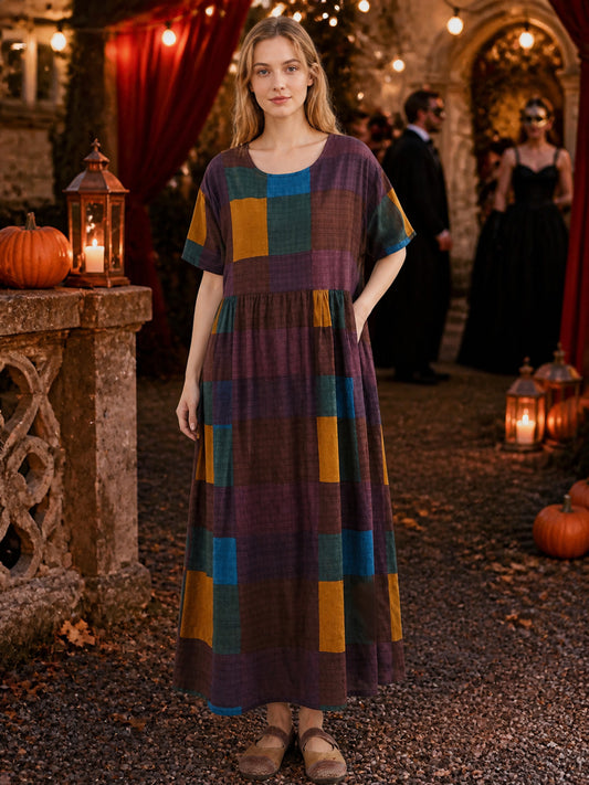 Round Neck Geometric Color Block Short Sleeve A-Line Long Dress with Waist