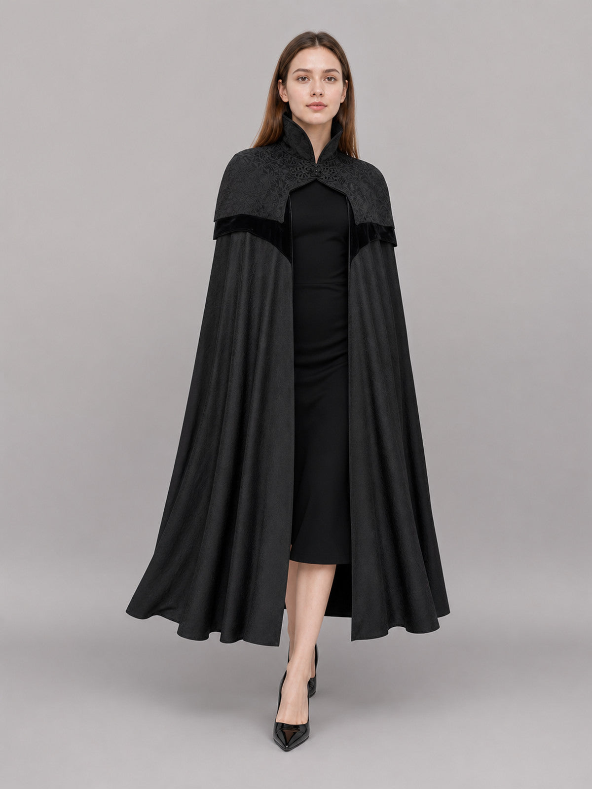 Black Gothic Carnival Cloak with Hood front view