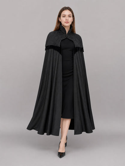 Black Gothic Carnival Cloak with Hood front view