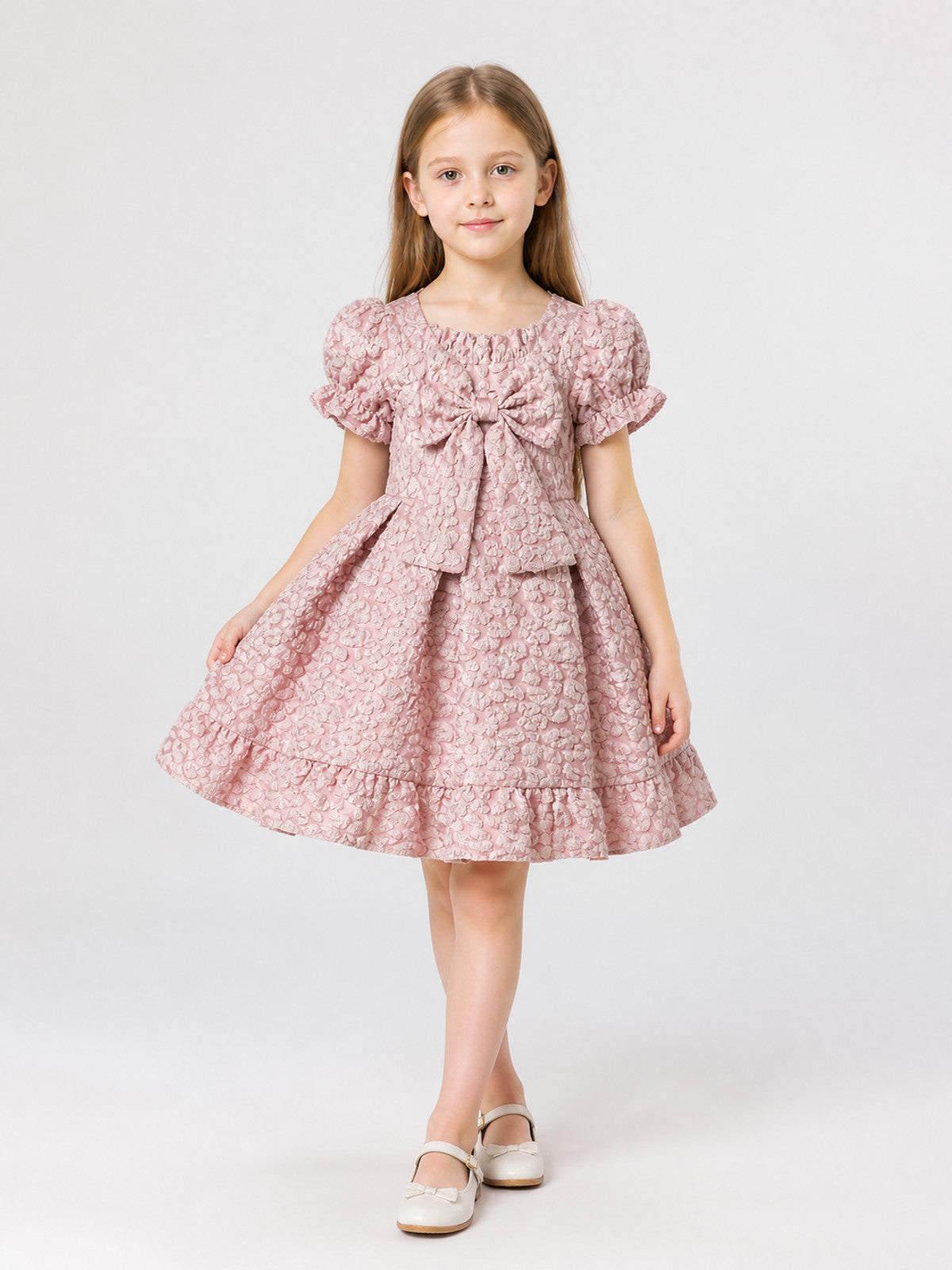 Pink Full Dress with Bow and Puff Sleeves main product view