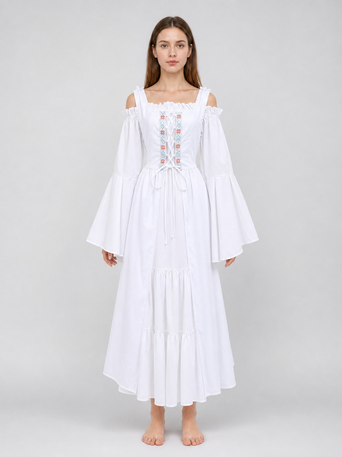 Maxi Dress with Embroidery and Lacing in a Retro Style front view