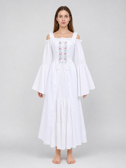 Maxi Dress with Embroidery and Lacing in a Retro Style front view