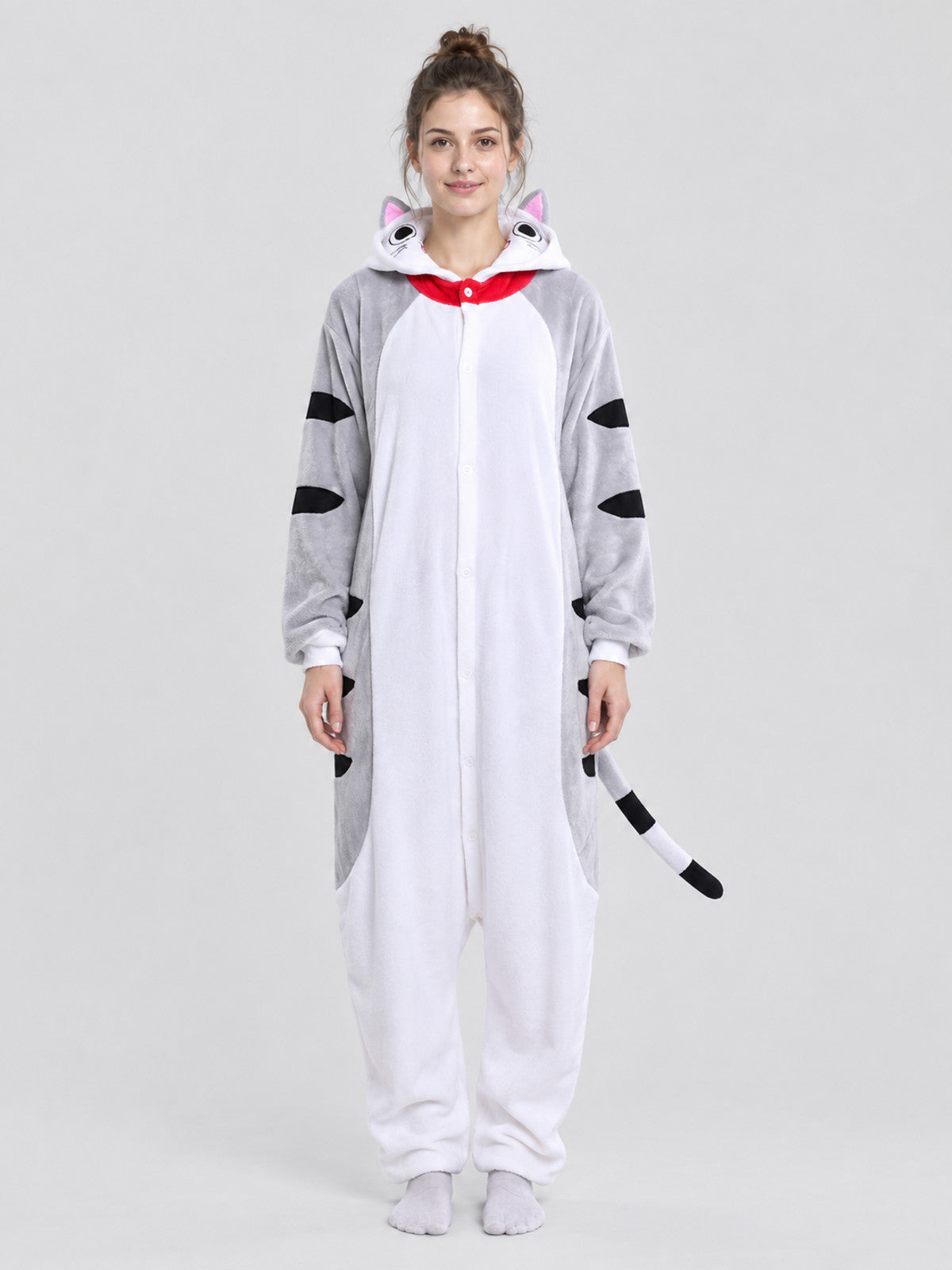 Gray-white hooded pajama jumpsuit with tail