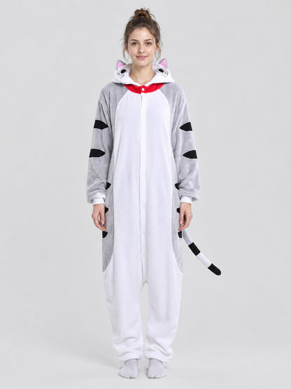 Gray-white hooded pajama jumpsuit with tail