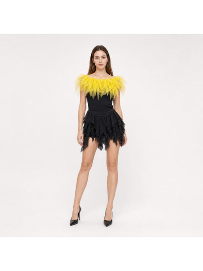 Yellow Feather Shoulder Shawl, Short Draped Wrap With Dense Feather Trim
