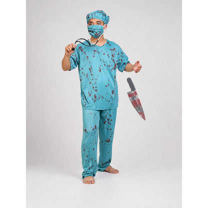 Surgeon Costume with Bloodstains and Knife for Halloween on-model view
