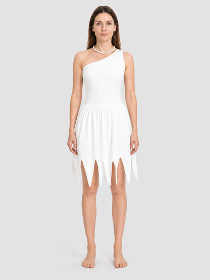 Wilma Flintstone Cosplay Dress, White, with Necklace on-model view