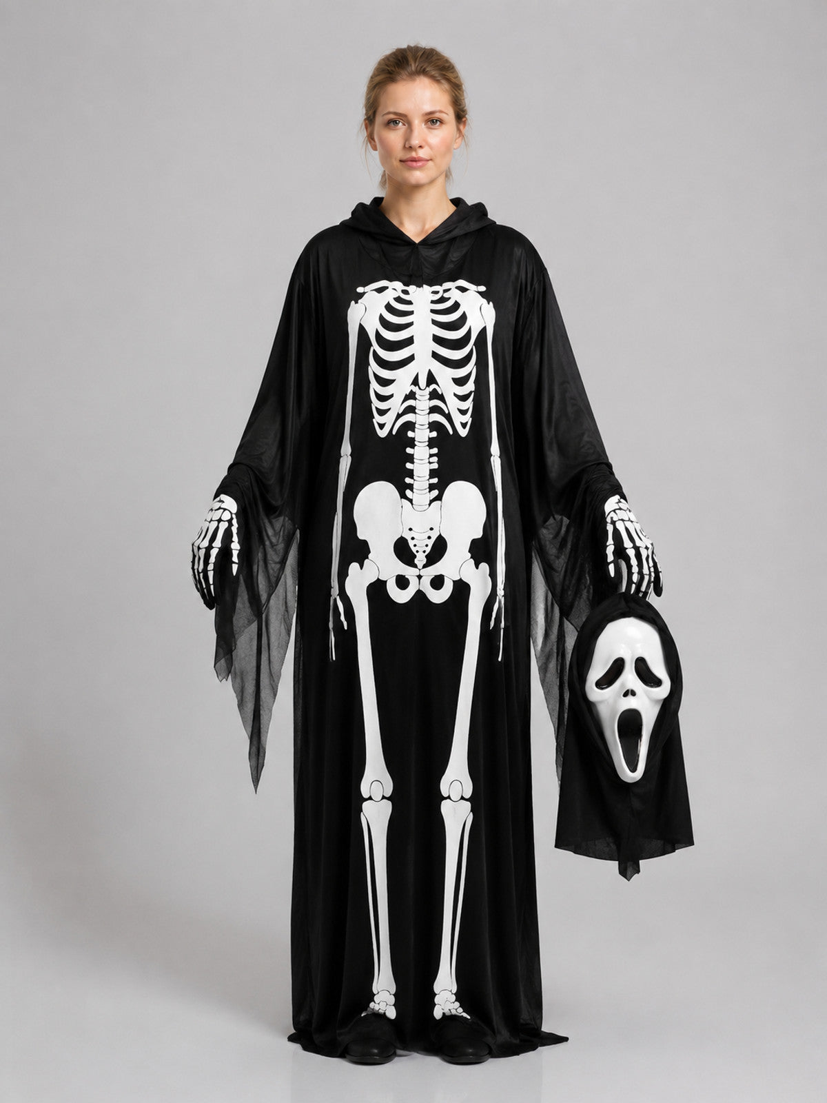 Skeleton Costume with Mask and Gloves on-model view