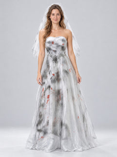 Ghost Bride Costume with Veil, Stains, and Scuff Marks