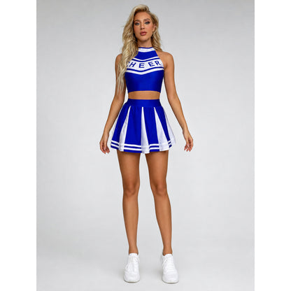 Cheerleading Costume, Top and Skirt, Blue and White front view