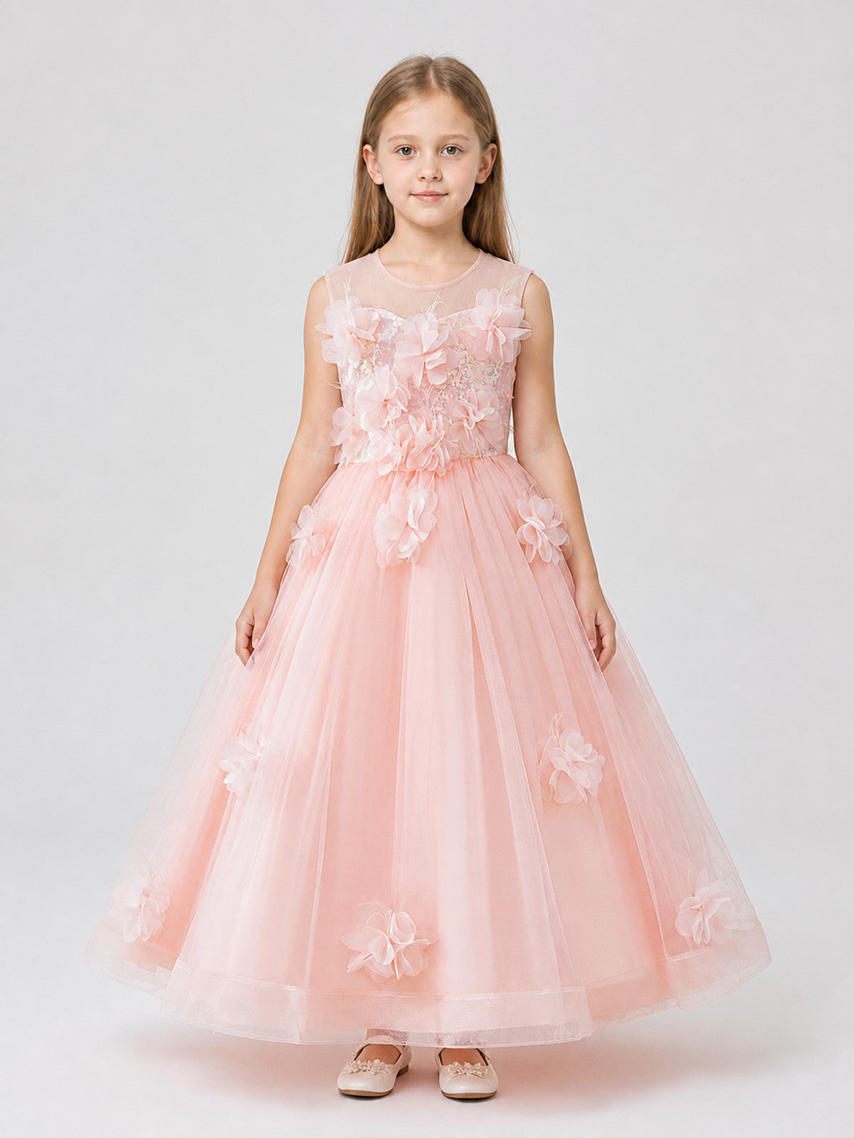 Girls’ Princess Dress with Sequins and Floral Décor on-model view