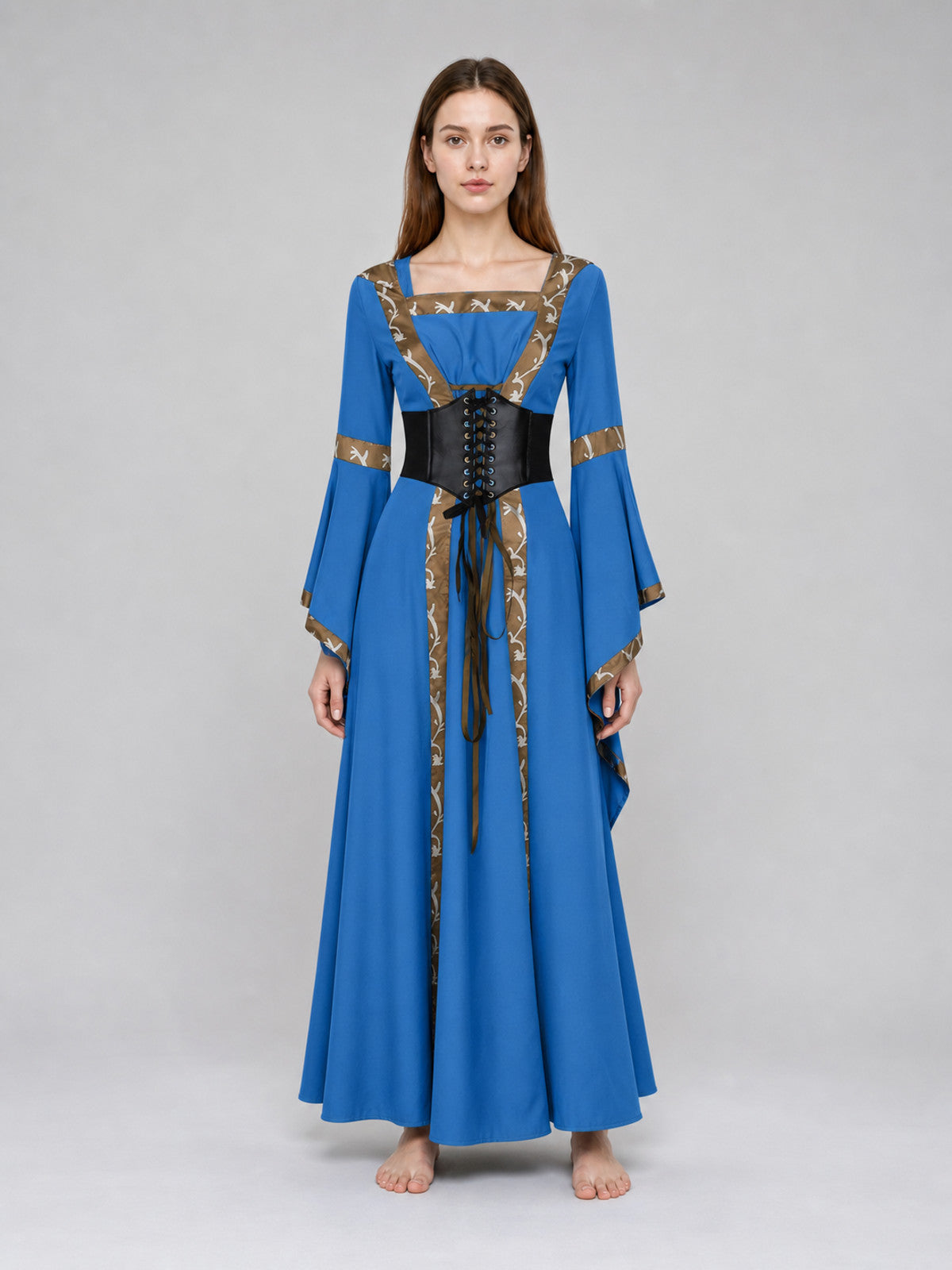Medieval Hooded Lace-Up Costume Dress on-model view