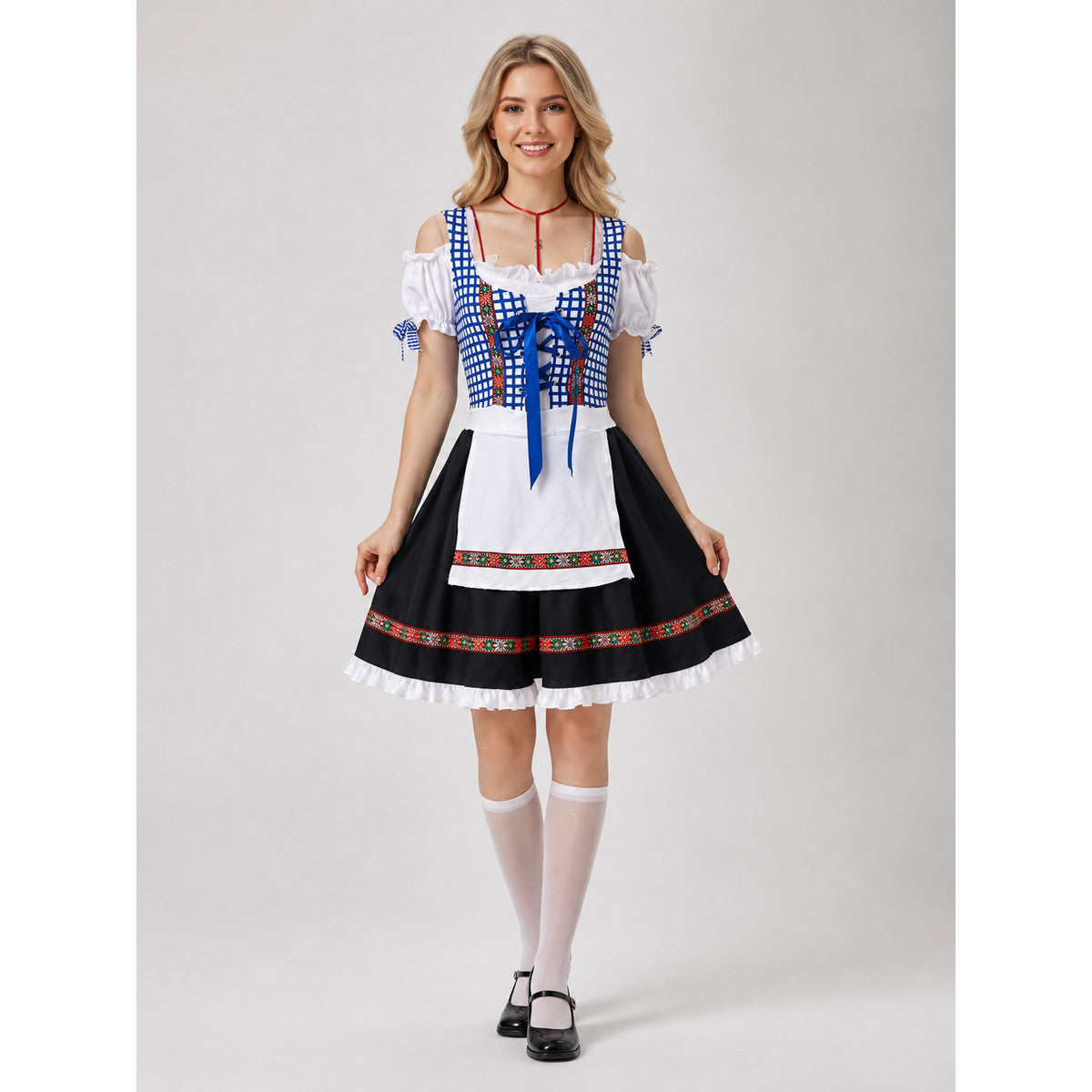 Historical national costume featuring a blue-and-white check pattern with a black lower panel. The design includes a white apron front and long blue lacing on the chest. Red-and-green ethnic patterns adorn the decorative shoulder bands, wai