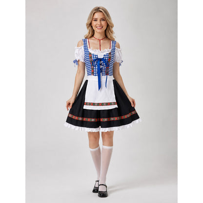 Historical national costume featuring a blue-and-white check pattern with a black lower panel. The design includes a white apron front and long blue lacing on the chest. Red-and-green ethnic patterns adorn the decorative shoulder bands, wai