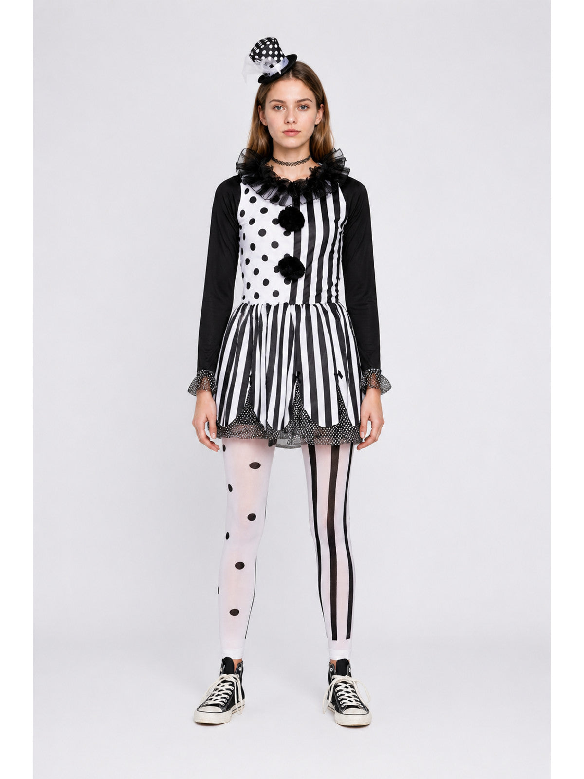 Polka Dot and Striped Clown Costume with Pom-Poms main product view